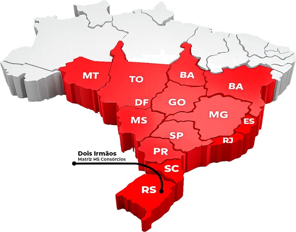 Mapa do Brasil com os estados de atuação da HS Consórcios e a matriz em Dois Irmãos (RS)